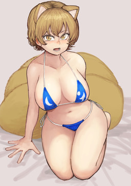 4_ears areola areola_slip arm_support big_breasts bikini blonde_hair blue_bikini blue_clothing blue_swimwear breasts cleavage clothed clothed_female clothed_humanoid clothing collarbone female grey_background hair human_and_animal_ears kneeling looking_at_viewer micro_bikini multi_ear multi_tail navel open_mouth pupils short_hair simple_background sitting slit_pupils solo swimwear tail two-piece_swimsuit yellow_eyes chanta touhou ran_yakumo animal_humanoid canid canid_humanoid canine canine_humanoid fox_humanoid humanoid mammal mammal_humanoid 2023 absurd_res hi_res