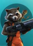 anthro armor clothing duo gun male orange_clothing plant question_mark ranged_weapon simple_background tree weapon yinyuming_(artist) disney guardians_of_the_galaxy marvel groot rocket_raccoon elemental_creature elemental_humanoid flora_colossus flora_fauna humanoid mammal plant_humanoid procyonid raccoon