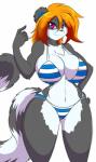 5_fingers anthro big_breasts bikini blue_body blue_fur breasts chest_tuft cleavage clothed clothing female fingers fur grey_body grey_fur hair looking_at_viewer markings navel orange_hair purple_eyes simple_background smile solo striped_markings striped_tail stripes swimwear tail tail_markings thick_thighs tuft two-piece_swimsuit white_background white_body white_fur wide_hips mastergodai breya lemur mammal primate ring-tailed_lemur strepsirrhine 2015 digital_drawing_(artwork) digital_media_(artwork) hi_res shaded