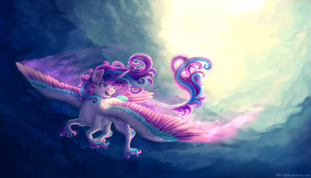 blue_eyes cloud cutie_mark feathered_wings feathers female feral flying fur glowing hair horn multicolored_body multicolored_feathers multicolored_hair outside sky smile solo spread_wings sun white_body white_fur wings young young_feral 9de-light6 friendship_is_magic hasbro my_little_pony mythology flurry_heart_(mlp) equid equine mammal mythological_creature mythological_equine winged_unicorn 2016 absurd_res hi_res