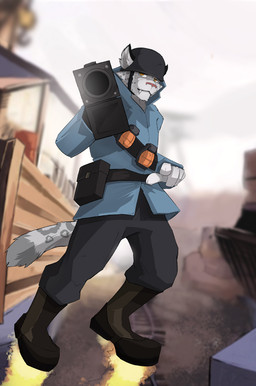 5_fingers anthro armor belt_pouch biped black_boots black_bottomwear black_clothing black_footwear black_pants blue_clothing blue_coat blue_topwear boots bottomwear clothed clothing coat cute_fangs dipstick_tail explosives fangs fingers footwear front_view fully_clothed fur gesture grenade grey_body grey_fur grey_tail hand_gesture headgear helmet jumping looking_at_viewer male markings military outside pants pink_nose pointing ranged_weapon rocket_launcher shoes snout soldier solo spots spotted_markings spotted_tail standing tail tail_markings teeth topwear two_tone_tail warrior weapon yellow_eyes no_swift team_fortress_2 valve valve_corporation soldier_(team_fortress_2) felid mammal