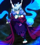 anthro bare_shoulders blue_eyes blue_hair cloak clothing curled_hair female fur hair lipstick long_hair looking_up magic magic_user makeup solo walking white_body white_fur ooo-belise-ooo canid canine canis mammal wolf hi_res watermark