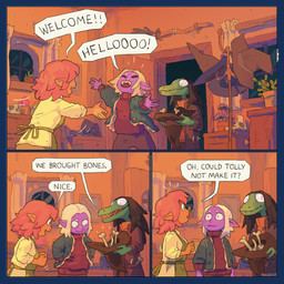 anthro bone border broom cleaning_tool clothing coat dialogue female fungus group hat headgear headwear humanoid_pointy_ears inside mushroom orange_body orange_skin pointy_ears pupils purple_body purple_skin skull slit_pupils speech_bubble sweater text topwear transparent_border witch_hat pocketss crocodile crocodilian humanoid reptile scalie 1:1 2025 alpha_channel comic english_text hi_res