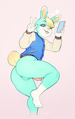 4_toes 5_fingers anthro backsack balls big_butt blonde_hair blue_clothing blue_jacket blue_topwear bottomless butt cellphone clothed clothing electronics erection feet femboy fingers fur genitals gesture glans green_body green_fur hair hand_gesture holding_cellphone holding_object holding_phone holding_smartphone humanoid_hands jacket leg_markings looking_at_viewer lying male markings on_side one_eye_closed penis phone pink_glans pink_penis purple_eyes short_tail smartphone socks_(marking) solo star tail tan_clothing tan_jacket tan_topwear toes tongue tongue_out topwear v_sign white_body white_fur wink yellow_body yellow_fur tokifuji animal_crossing nintendo sasha_(animal_crossing) lagomorph leporid mammal rabbit 2021 digital_media_(artwork) hi_res