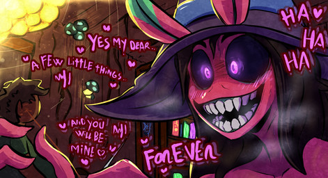 aroused clothing creepy doll female glowing glowing_eyes hat headgear headwear magic_user purple_body purple_eyes smile teeth witch destruteka arthropod insect lepidopteran moth