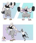 anthro barbell big_butt big_pecs bodily_fluids bottomwear bra bulge butt clothing dumbbell duo erection exercise genital_fluids holding_arm leaking_precum male muscular pants pecs precum raised_tail solo sports_bra standing sweatpants tail thick_thighs tight_clothing topwear towel tube_top underwear weightlifting weights wide_hips workout 1ceberg avian bird owl absurd_res comic hi_res