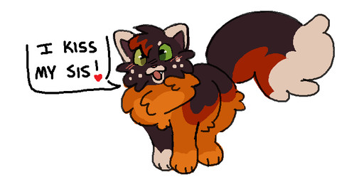 ambiguous_gender blush blush_lines chibi dialogue dipstick_ears dipstick_tail ear_markings feral freckles fur gloves_(marking) green_eyes heart_(marking) heart_symbol highlights_(coloring) implied_incest leg_markings markings multicolored_body multicolored_ears multicolored_fur open_mouth orange_body orange_fur simple_background smile socks_(marking) speech_bubble tail tail_markings teeth text white_background wastepaw warriors_(book_series) squirrelstar_(warriors) domestic_cat felid feline felis mammal 2025 digital_drawing_(artwork) digital_media_(artwork) english_text microsoft_paint_(artwork)
