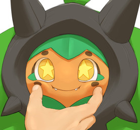 ambiguous_focus ambiguous_gender ambiguous_humanoid closed_smile cute_fangs disembodied_hand duo fangs front_view green_body humanoid_focus humanoid_hands looking_at_viewer mouth_closed multicolored_body orange_face simple_background smile solo_focus star_pupils teeth white_background yellow_eyes chikuwaburo nintendo pokemon generation_9_pokemon humanoid legendary_pokemon ogerpon pokemon_(species) 2026 digital_drawing_(artwork) digital_media_(artwork) headshot_portrait hi_res portrait shaded soft_shading