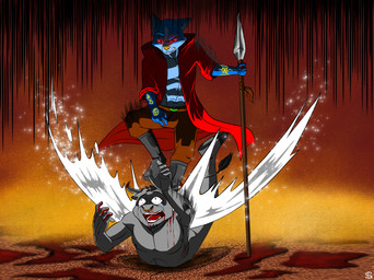 anthro duo gore hell male sergld bovid bovine canid canine canis cattle equid equine fox hybrid mammal wolf hi_res