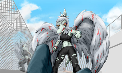 alternate_universe angry anthro bent_leg biped black_bottomwear black_clothing black_crop_top black_pants black_shirt black_topwear blood blood_on_arm blood_on_clothing blood_on_feathers blue_body blue_scales bodily_fluids bone_frill bottomwear bracelet breasts clothed clothed_anthro clothed_female clothing cloud collar crop_top denim denim_bottomwear denim_clothing duo_focus eyebrows feathered_wings feathers female fence fingers first_person_view fist frill_(anatomy) front_view gesture grey_body grey_feathers grey_hair group hair hallucination hand_gesture human_pov imagination imminent_death imminent_suicide jeans jewelry long_hair looking_at_another looking_at_viewer male male_pov markings medium_breasts midriff mostly_offscreen_human mostly_offscreen_male navel non-mammal_breasts open_mouth orange_eyes outside pants pointing pointing_at_viewer raised_inner_eyebrows rooftop sad_smile scales school shirt sky smile spiked_collar spikes striped_markings stripes topwear torn_bottomwear torn_clothing torn_pants wings kaewhy cavemanon_studios goodbye_volcano_high ko_op_(game_developer) snoot_game anon_(snoot_game) fang_(gvh) human mammal prehistoric_species pterosaur reptile scalie 2025 5:3 hi_res