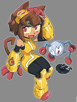 4_fingers anthro arm_tuft breasts brown_body brown_hair clothing duo dvd eyebrows eyelashes eyewear eyewear_on_head fangs female fingers goggles goggles_on_head hair machine male open_mouth red_eyes shoulder_tuft teeth tuft whiskers yellow_clothing saghaley gameoverse glitch_productions kaboodle_(gameoverse) kit_bodega domestic_cat felid feline felis mammal robot 2026 absurd_res hi_res