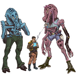anthro bandage bandage_on_face bandage_on_nose breathing_apparatus claws clothed clothing crop_top duo exoskeleton eyebrow_piercing facial_piercing female hand_on_face larger_anthro larger_female male multi_limb not_furry open_mouth piercing plushie purse reverse_furry science_fiction shirt size_difference smaller_human smaller_male smoking split_jaw sticker tablet tablet_computer topwear unusual_anatomy metal_head_cr alien human mammal hi_res