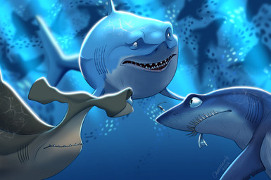 blue_body blue_eyes blue_fin blue_tail brown_body feeding_frenzy feral gills group male shark_tail shark_teeth tail trio underwater water chainsxwsmile disney finding_nemo pixar anchor_(finding_nemo) bruce_(finding_nemo) chum_(finding_nemo) aquatic fish great_white_shark ground_shark hammerhead_shark mackerel_shark mako_shark shark white_shark 2022 better_version_at_source watermark