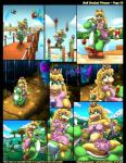 after_transformation anthro blonde_hair blue_eyes clothed clothing crown fangs female green_body hair headgear horn looking_back male multicolored_body open_mouth tail teeth text tongue torn_clothing two_tone_body white_body kitsune_youkai mario_bros nintendo princess_koopa princess_peach cheep_cheep fuzzy_(mario) green_yoshi jungle_fuzzy koopa monty_mole scalie swooper yoshi 2019 comic english_text hi_res