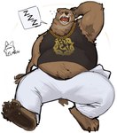 anthro armpit_hair barefoot belly_peeking_out black_clothing black_shirt black_tank_top black_topwear body_hair bottomwear brown_body brown_fur chain_necklace clothing eye_scar eyes_closed facial_scar feet fur hand_behind_head jewelry male necklace open_mouth overweight overweight_male pants pawpads scar shirt simple_background sleeping solo sound_effects tank_top topwear torn_clothing vowelless vowelless_sound_effect white_background white_bottomwear white_clothing white_pants yawn zzz elmichimh mihoyo zenless_zone_zero ben_bigger bear mammal thiren 2025 absurd_res hi_res