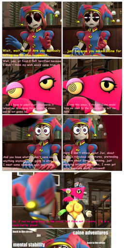 big_breasts big_butt big_eyes blue_clothing blue_eyes blue_gloves blue_handwear breasts brown_hair butt chair clothing dialogue duo female furniture gloves green_arms hair handwear leotard looking_at_viewer looking_up multicolored_clothing multicolored_eyes natural_breasts on_chair pink_head pink_text red_clothing red_eyes red_gloves red_handwear removable_parts restaurant sitting sitting_on_chair smile smiling_at_viewer table talking_to_another talking_to_partner text thick_thighs triangle_head white_body wide_hips yellow_clothing yellow_eyes yellow_leotard 5naptrap buhonero75_(modeler) glitch_productions the_amazing_digital_circus pomni_(tadc) zooble_(tadc) animate_inanimate humanoid living_toy 2026 3d_(artwork) absurd_res comic comic_sans digital_media_(artwork) english_text hi_res impact_(font) source_filmmaker_(artwork) nonbinary_(lore)