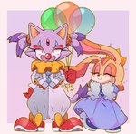 anthro balloon clothing clown clown_nose costume duo eyes_closed female happy heart_symbol holding_balloon holding_object inflatable young spinstellar sega sonic_the_hedgehog_(series) blaze_the_cat cream_the_rabbit domestic_cat felid feline felis lagomorph leporid mammal rabbit 2022 absurd_res hi_res