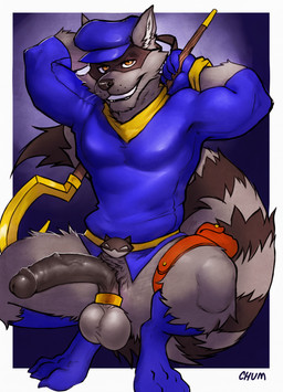 anthro ball_stretcher balls big_balls big_penis black_markings black_nose black_penis black_tail blue_clothing blue_hat blue_headwear blue_topwear bottomless cheek_tuft clothed clothing crouching erection facial_tuft front_view fur genitals glistening glistening_eyes grey_body grey_fur grey_tail grin hat headgear headwear humanoid_genitalia humanoid_penis looking_at_viewer male male_anthro markings narrowed_eyes orange_eyes penis simple_background smile solo striped_markings striped_tail stripes tail tail_markings topwear tuft whiskers chumbasket sly_cooper_(series) sony_corporation sony_interactive_entertainment sucker_punch_productions sly_cooper mammal procyonid raccoon hi_res