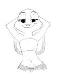 anthro bottomwear clothed clothing dipstick_ears ear_markings ears_down female flat_chested front_view half-closed_eyes hands_behind_head looking_at_viewer midriff multicolored_ears narrowed_eyes navel pants pivoted_ears simple_background smile solo topwear tube_top white_background numbro disney zootopia judy_hopps lagomorph leporid mammal rabbit black_and_white half-length_portrait monochrome portrait sketch