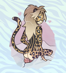 anthro bedroom_eyes black_spots blonde_hair blue_background butt fur hair half-closed_eyes heart_symbol inviting kneeling long_hair looking_at_viewer looking_back markings narrowed_eyes nude pattern_background pawpads paws pink_pawpads raised_tail seductive simple_background smile smirk smug smug_face smug_grin solo spots spotted_body spotted_fur striped_background tail yellow_body yellow_fur fleetwoodbrak auggie_(fleetwoodbrak) cheetah felid feline mammal hi_res andromorph_(lore) trans_(lore) trans_man_(lore)