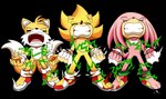 anthro bare_hands barefoot clothing electric_shock electricity electrocution eyes_closed feet group male pain powering_up super_form torn_clothing trio yelling domestic_maid sega sonic_the_hedgehog_(series) knuckles_the_echidna miles_prower sonic_the_hedgehog super_knuckles super_sonic super_tails canid canine echidna eulipotyphlan fox hedgehog mammal monotreme absurd_res alpha_channel hi_res