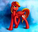 cutie_mark equid equine fan_character feathered_wings feathers female feral fur gradient_background hair hasbro hi_res hooves l1nkoln mammal my_little_pony mythological_creature mythological_equine mythology pegasus red_body red_feathers red_fur red_hair simple_background smile solo wings