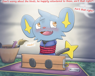 bdsm bound brush cuff_(restraint) feral hands_tied public_use restraints shackles simple_background solo text tickling charly-sparks nintendo pokemon charlx generation_4_pokemon pokemon_(species) shinx english_text hi_res