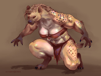 4_fingers anthro bandeau biceps big_breasts black_claws bottomwear bra breasts brown_body brown_feet brown_fur brown_hands brown_snout bulge claws clothed clothing crouching facial_markings feet finger_claws fingers fur gloves_(marking) gynomorph hair head_markings intersex leg_markings loincloth markings muscular muscular_gynomorph muscular_intersex muzzle_(marking) navel orange_eyes organs paws simple_background socks_(marking) solo spots spotted_body spotted_fur stomach tail thick_thighs toe_claws topwear underwear white_body white_fur wide_hips yellow_body yellow_fur alytarch hyena mammal spotted_hyena 2025 4:3 digital_drawing_(artwork) digital_media_(artwork) digital_painting_(artwork) hi_res painting_(artwork) signature