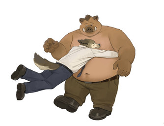 anthro belly big_belly bodily_fluids bottomwear brown_body clothing crying eyes_closed hug kemono male necktie overweight overweight_male pants shirt simple_background tears topwear white_background hoggan canid canine canis domestic_dog mammal suid suine sus_(pig) wild_boar 2024 hi_res