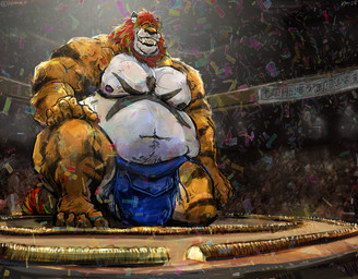 anthro asian_clothing belly big_belly bottomwear clothing crowd east_asian_clothing fur group japanese_clothing loincloth male mane mawashi musclegut muscular muscular_male orange_body orange_fur pecs solo_focus striped_body striped_fur stripes sumo sumo_ring sumo_wrestler white_body white_fur aokamidu felid feline mammal