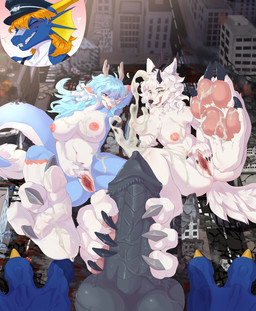 anthro anthro_on_anthro areola big_breasts blush bodily_fluids breasts building building_destruction city cityscape cum destruction erection feet female first_person_view fur genital_fluids genitals group hair horn macro male male/female nipples nude penis smile spread_legs spreading tail thick_thighs trio vulva kockroach mythology dragon_enigma vente_hiemalis_(character) wuming canid canine canis dragon mammal mythological_creature mythological_scalie scalie wolf hi_res