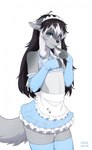 anthro black_hair blue_clothing blue_eyes blush bottomwear clothed clothing crossdressing femboy finger_on_chin frilly frilly_clothing gloves hair handwear legwear maid_apron maid_headdress maid_uniform male miniskirt multicolored_hair paws pose ribbons skimpy skimpy_dress skirt solo two_tone_hair uniform white_hair kaeda.anom asher_allure canid canine canis mammal wolf absurd_res hi_res