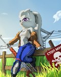 anthro bone breasts danger dragunov female fence grass gun plant ranged_weapon sign skull skull_head sky small_breasts solo tall_grass text tourniquet weapon wounded noconcession adidas s.t.a.l.k.e.r. lynda_(noconcession) lagomorph leporid mammal rabbit 4:5 absurd_res cyrillic_text hi_res