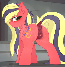 animal_genitalia animal_vulva anus bodily_fluids castle clitoris darkened_genitalia equine_genitalia equine_vulva expressionless female female_feral feral genital_fluids genitals green_eyes hair inside looking_back multicolored_hair musk presenting presenting_vulva puffy_anus raised_tail rear_view red_body solo standing sweat tail tail_anus thick_thighs two_tone_hair vulva wings parabellumpony hasbro my_little_pony mythology fan_character sindy_silence equid equine horse mammal mythological_creature mythological_equine pegasus pony full-length_portrait hi_res portrait