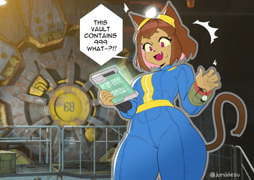 anthro bodily_fluids bodysuit breasts clothing cosplay crossover_cosplay dialogue eyewear eyewear_on_head fangs female goggles goggles_on_head one_fang pip-boy shocked skinsuit solo speech_bubble sweat sweatdrop tablet tail teeth text tight_clothing vault vault_68 vault_door vault_suit whiskers juniidesu fallout gameoverse glitch_productions microsoft kit_bodega domestic_cat felid feline felis mammal absurd_res crossover english_text hi_res