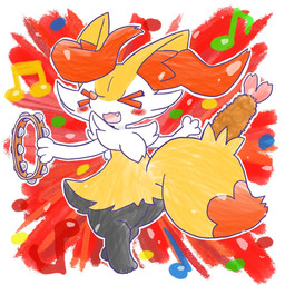 >o< ambiguous_anthro ambiguous_gender anthro biped blush blush_stickers cute_fangs digitigrade dipstick_tail eyes_closed fangs food markings musical_instrument musical_note musical_symbol object_in_tail on_one_leg open_:3 open_mouth open_smile outline percussion_instrument rear_view shrimp_(food) smile snout solo standing symbol tail tail_markings tambourine teeth annyui0611 nintendo pokemon braixen canid generation_6_pokemon mammal pokemon_(species) 1:1 2024 digital_drawing_(artwork) digital_media_(artwork) full-length_portrait japanese_description portrait translated_description