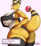 5_fingers anthro areola breasts butt eyebrows female fingers solo tail text under_boob yellow_body ai_od nintendo pokemon ampharos generation_2_pokemon pokemon_(species) 2023 absurd_res english_text hi_res