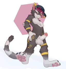 4_toes anthro balls baseball_cap baseball_cap_only bodily_fluids clothing ear_piercing erection facial_markings facial_piercing feet fur gauged_ear genital_fluids genitals grey_body grey_fur hat head_markings headgear headwear highlights_(coloring) humanoid_genitalia humanoid_penis leaking_precum lip_piercing looking_at_viewer low-angle_view male markings maroon_hair pawpads paws penis piercing pink_nose pink_pawpads pink_penis_tip precum red_eyes simple_background smile smiling_at_viewer solo standing striped_markings striped_tail stripes tail tail_markings teardrop_pattern toes tuft white_background white_body white_fur white_highlights white_sclera white_tuft yellow_accents yellow_markings yellow_stripes yellow_tipped_ears zionnicoz who_is_hermes domestic_cat felid feline felis mammal 2025 hi_res shaded