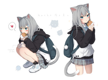 5_fingers accessory backpack black_clothing blue_eyes blush blush_stickers bottomwear burger clothed clothing crouching dipstick_tail eating female female_humanoid fingers food footprint footwear fur grey_body grey_ears grey_fur grey_hair grey_tail hair hair_accessory heart_symbol holding_object hoodie legwear long_hair looking_at_viewer markings multicolored_tail multiple_angles open_mouth pawprint shoes simple_background skirt socks solo starry_eyes tail tail_markings text topwear white_background white_body white_clothing white_fur amashiro_natsuki animal_humanoid cat_humanoid felid felid_humanoid feline feline_humanoid humanoid mammal mammal_humanoid 2020 digital_media_(artwork) hi_res japanese_text translated