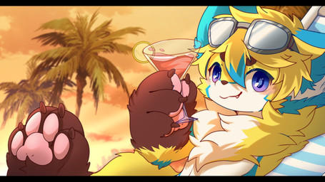 anthro big_eyes biped black_bars blue_body blue_eyes blue_fur brown_body brown_fur cute_fangs eyewear eyewear_on_head fangs fur goggles goggles_on_head kemono looking_at_viewer male multicolored_eyes purple_eyes slim_anthro slim_male solo teeth white_body white_fur yellow_body yellow_fur hlg7777 canid canine fox mammal 16:9 2020 hi_res letterbox widescreen