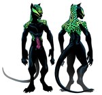 absurd_res anthro balls digital_media_(artwork) digitigrade erection felid fingers genitals glowing glowing_eyes glowing_markings glowing_mouth green_eyes green_markings hi_res knot male mammal markings marvel maxspite multiple_angles nude pantherine penis simple_background solo symbiote tail teeth white_background