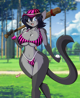 anthro ball baseball_(ball) baseball_bat bat_(object) big_breasts blue_eyes breasts clothed clothing female grass hat headgear headwear midriff outside pattern_clothing plant skimpy solo striped_clothing stripes tree wide_hips mastergodai chrissy_mccloud felid feline mammal