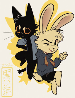 anthro black_body black_bottomwear black_clothing black_eyes black_fur black_nose black_shorts blue_clothing blue_hoodie blue_shirt blue_topwear bottomless bottomless_anthro bottomless_male bottomwear chest_tuft clothed clothed_anthro clothed_male clothing duo eyebrows fur gesture hand_gesture hoodie male open_clothing open_shirt open_topwear pink_nose shirt shorts simple_background tail tail_tuft text topwear tuft v_sign white_background white_body white_eyebrows white_fur yellow_eyes koiyaroid brian_sander_(sanderthecat) domestic_cat felid feline felis lagomorph leporid mammal rabbit hi_res japanese_text