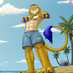 abs anthro beach clothing cloud cooler male outside palm_tree plant seaside sky solo sun swimming_trunks swimwear tree tsubakinykohara felid lion mammal pantherine 1:1 hi_res