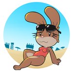 anthro beach bedroom_eyes breasts brown_body clothed clothing eyelashes eyewear female lifeguard lifeguard_swimsuit looking_at_viewer multicolored_body narrowed_eyes one-piece_swimsuit sand seductive sitting smile solo sunglasses swimwear two_tone_body el_senor_erizo tuzi_(el_senor_erizo) lagomorph leporid mammal rabbit 1:1 hi_res