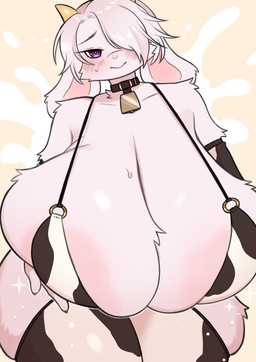 animal_print animal_print_bikini animal_print_thigh_highs anthro areola areola_slip bell bell_collar big_breasts bikini blush breasts clothing collar cow_print cow_print_bikini cow_print_thigh_highs cowbell female fur hair hair_over_eye huge_breasts hyper hyper_breasts legwear pattern_bikini pattern_clothing pattern_legwear pattern_swimwear pattern_thigh_highs pink_areola purple_eyes smile solo swimwear thigh_highs two-piece_swimsuit white_body white_fur white_hair underchikichan fanta_(slarvath) bovid caprine goat mammal absurd_res hi_res