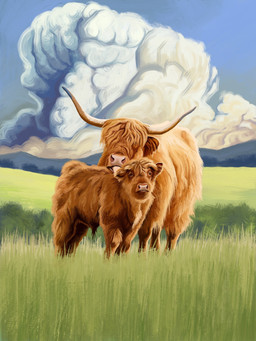 ambiguous_gender blue_sky brown_body brown_fur cloud duo feral fluffy fur grass horn long_fur looking_at_viewer plant quadruped sky agustindiazart bovid bovine cattle highland_cattle mammal 2023 3:4 detailed hi_res