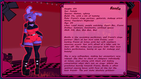 accessory anthro armwear belt big_breasts black_armwear black_boots black_clothing black_elbow_gloves black_fingerless_gloves black_footwear black_gloves black_handwear black_legwear black_nails black_shirt black_thigh_highs black_topwear boots breasts buckteeth character_description cleavage_cutout clothing colored_nails crossgender cutout ear_piercing elbow_gloves eyeshadow female fingerless_gloves footwear fur glistening glistening_body gloves hair hair_accessory hair_over_eye hand_on_hip handwear legwear looking_at_viewer makeup mtf_crossgender nails overalls piercing purple_body purple_fur purple_hair red_clothing red_eyes red_eyeshadow red_overalls shirt shoes short_hair skindentation smile smiling_at_viewer solo stated_age stated_gender stated_height stated_species teeth text thick_thighs thigh_highs topwear wide_hips cryptiacurves cryptiacurves_(modeler) fazclaire's_nightclub five_nights_at_freddy's scottgames bonfie_(cryptiacurves) bonnie_(fnaf) lagomorph leporid mammal rabbit 16:9 2026 3d_(artwork) cel_shading character_name digital_media_(artwork) english_text full-length_portrait hi_res portrait shaded widescreen