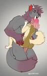 4_toes 5_fingers anthro anthro_on_anthro anthro_penetrated anthro_penetrating anthro_penetrating_anthro duo feet female female_penetrated fingers fur green_body green_fur hair larger_male male male/female male_penetrating male_penetrating_female penetration pink_hair purple_hair sex simple_background size_difference smaller_female smile toes faint canid canine canis domestic_dog mammal 2022 digital_media_(artwork)