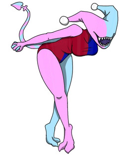 2_toes 3_fingers anthro barefoot blue_body breasts clothing crossed_legs eyeless feet female fingers hands_behind_back leaning leaning_forward multicolored_body multicolored_clothing pink_body pointed_tail sharp_teeth simple_background teeth toes white_background clown_with_teef bitey_(clown_with_teef) demon humanoid imp